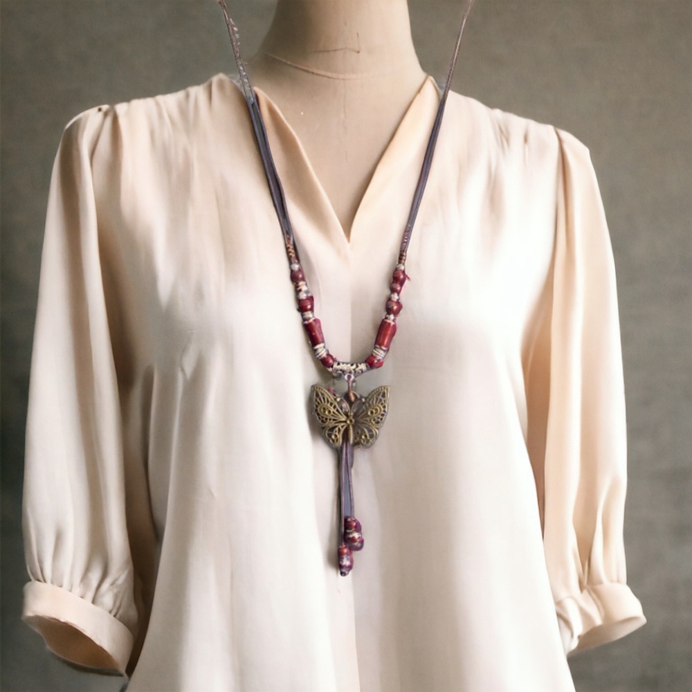 Retro Hollow‎ Copper Butterfly Pendant With Ceramic Beads Necklace Ethnic Style